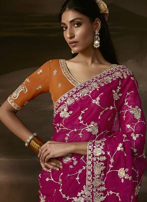 Rani pink zari organza with gotta patti  aari work designer saree 4