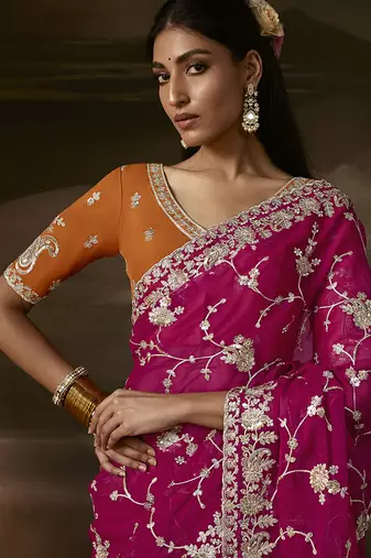 Rani pink zari organza with gotta patti  aari work designer saree