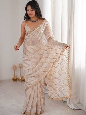 Cream embellished zari tissue designer saree 5