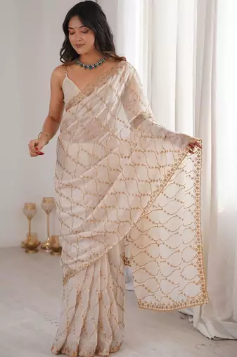 Cream embellished zari tissue designer saree
