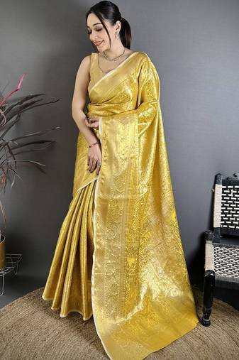 Gold woven design zari silk blend kanjeevaram saree