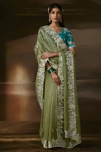 Sage green zari organza with gotta patti  aari work designer saree