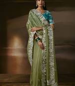 Sage green zari organza with gotta patti  aari work designer saree