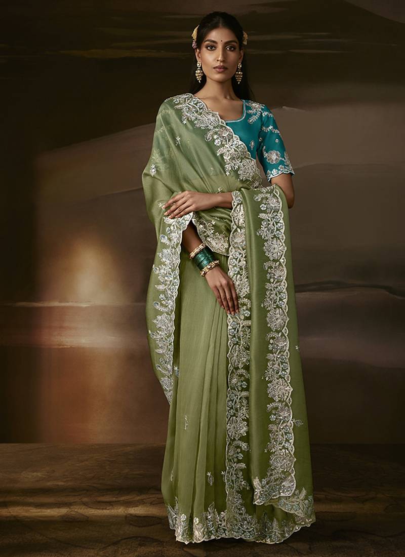Sage green zari organza with gotta patti  aari work designer saree