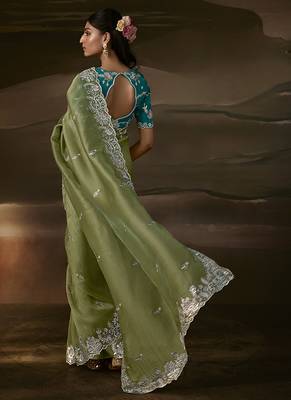 Sage green zari organza with gotta patti  aari work designer saree 2