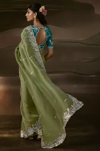Sage green zari organza with gotta patti  aari work designer saree