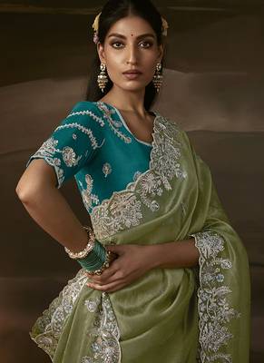 Sage green zari organza with gotta patti  aari work designer saree 3