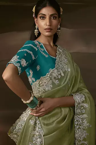 Sage green zari organza with gotta patti  aari work designer saree