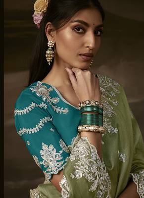 Sage green zari organza with gotta patti  aari work designer saree 4