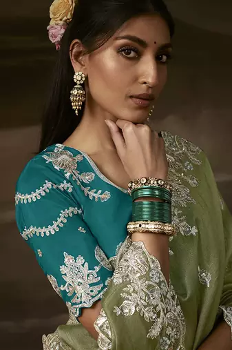 Sage green zari organza with gotta patti  aari work designer saree