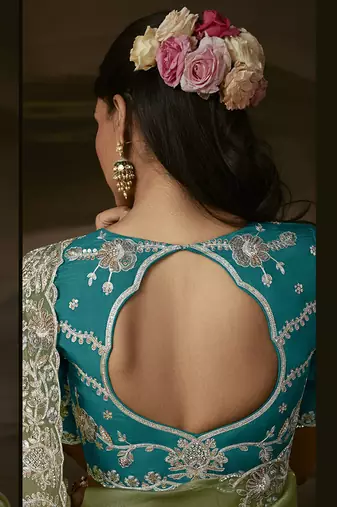 Sage green zari organza with gotta patti  aari work designer saree