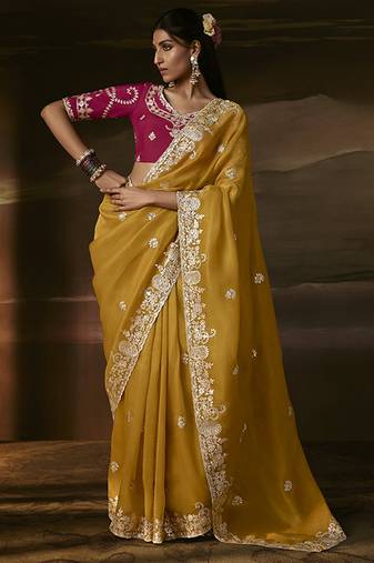 Mustard zari organza with gotta patti  aari work designer saree
