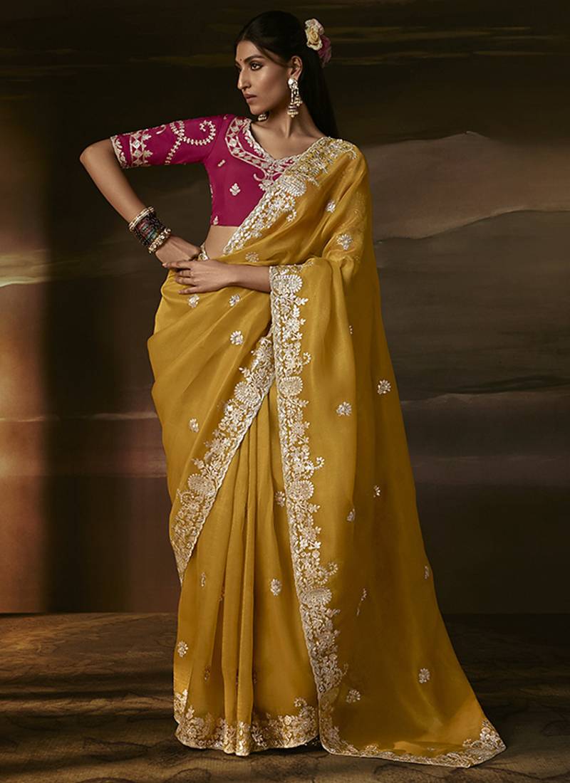 Mustard zari organza with gotta patti  aari work designer saree
