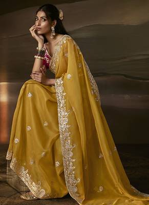 Mustard zari organza with gotta patti  aari work designer saree 2