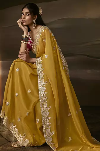 Mustard zari organza with gotta patti  aari work designer saree