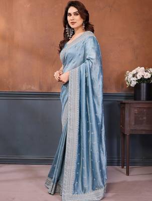 Blue sequence embroidered saree with matching blouse piece 2
