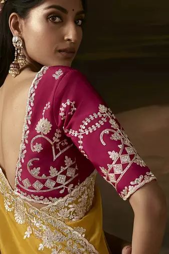 Mustard zari organza with gotta patti  aari work designer saree