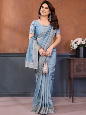 Blue sequence embroidered saree with matching blouse piece 3