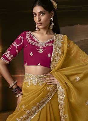 Mustard zari organza with gotta patti  aari work designer saree 4
