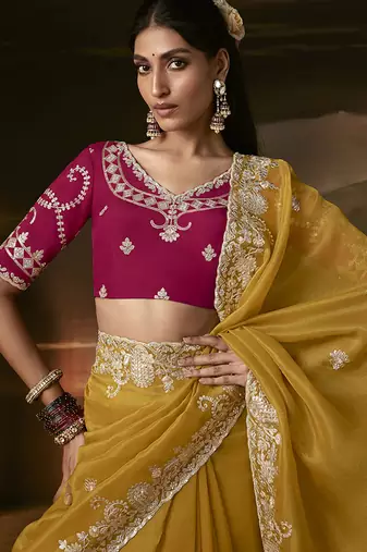 Mustard zari organza with gotta patti  aari work designer saree