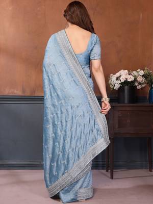 Blue sequence embroidered saree with matching blouse piece 4