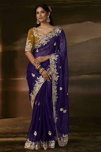 Navy blue zari organza with gotta patti  aari work designer saree
