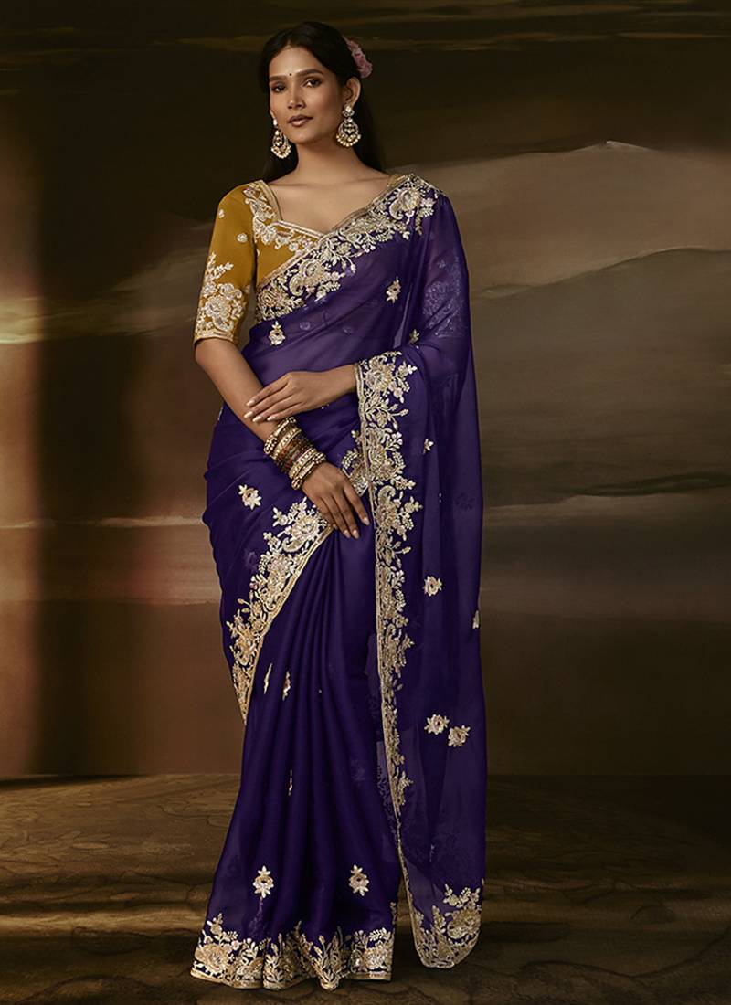 Navy blue zari organza with gotta patti  aari work designer saree