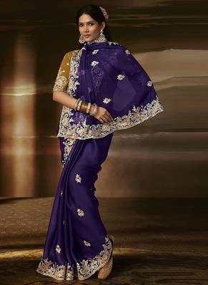 Navy blue zari organza with gotta patti  aari work designer saree 2