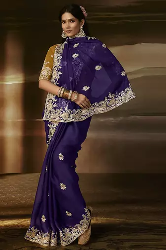 Navy blue zari organza with gotta patti  aari work designer saree