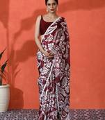 Red embellished floral printed digital printed satin saree with blouse piece