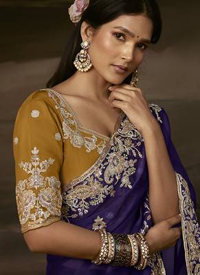 Navy blue zari organza with gotta patti  aari work designer saree 4