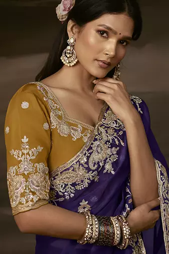 Navy blue zari organza with gotta patti  aari work designer saree