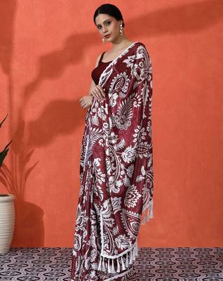 Red embellished floral printed digital printed satin saree with blouse piece 3