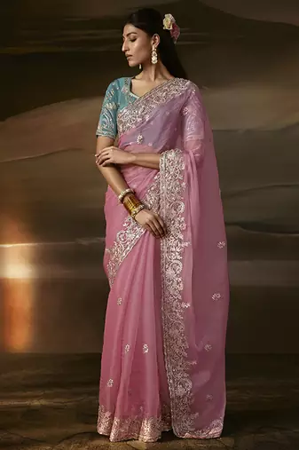 Baby pink zari organza with gotta patti  aari work designer saree