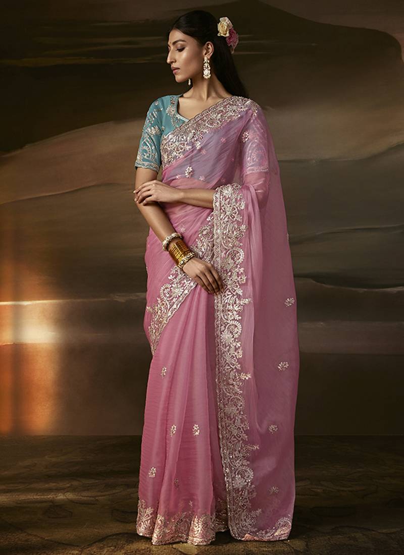 Baby pink zari organza with gotta patti  aari work designer saree