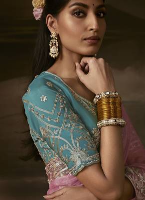 Baby pink zari organza with gotta patti  aari work designer saree 2