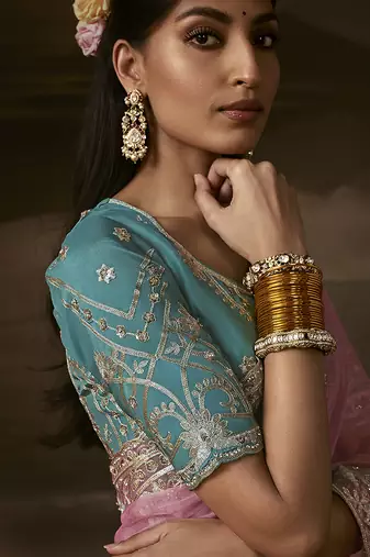 Baby pink zari organza with gotta patti  aari work designer saree