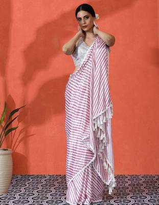 White embellished striped printed digital printed satin saree with blouse piece 1