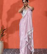 White embellished striped printed digital printed satin saree with blouse piece