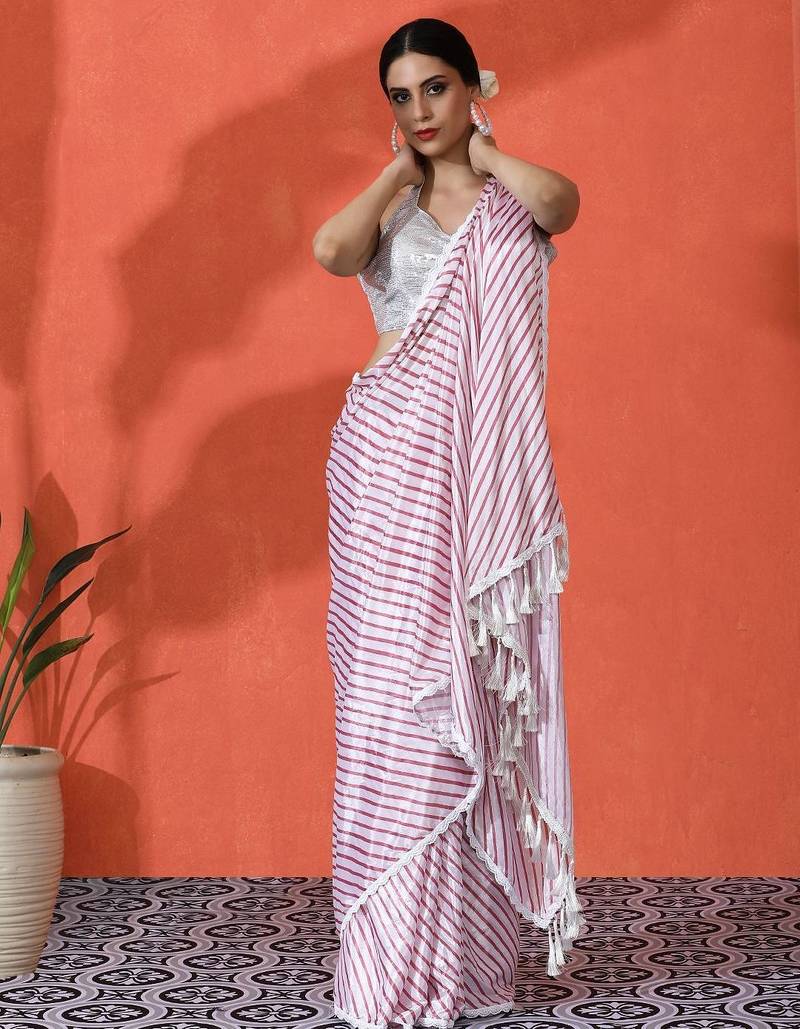 White embellished striped printed digital printed satin saree with blouse piece