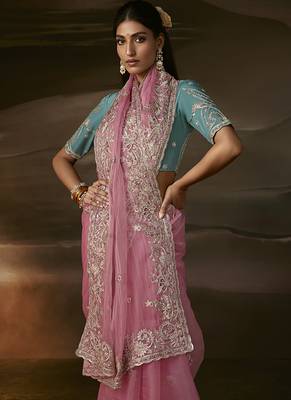 Baby pink zari organza with gotta patti  aari work designer saree 3