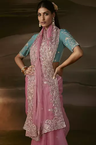 Baby pink zari organza with gotta patti  aari work designer saree