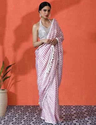 White embellished striped printed digital printed satin saree with blouse piece 2