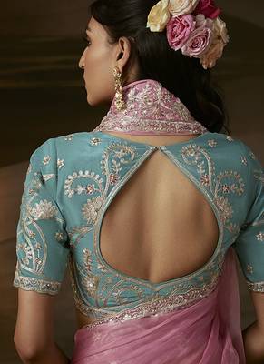 Baby pink zari organza with gotta patti  aari work designer saree 4