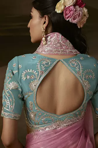 Baby pink zari organza with gotta patti  aari work designer saree