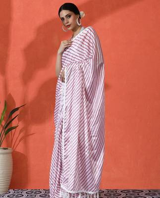 White embellished striped printed digital printed satin saree with blouse piece 3