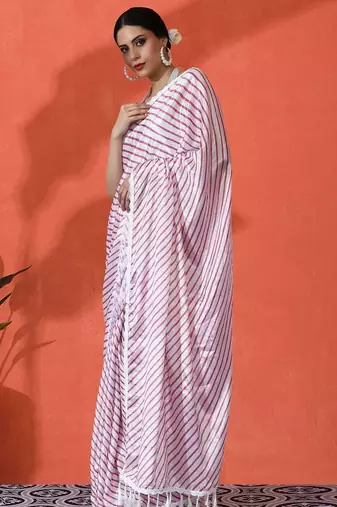 White embellished striped printed digital printed satin saree with blouse piece