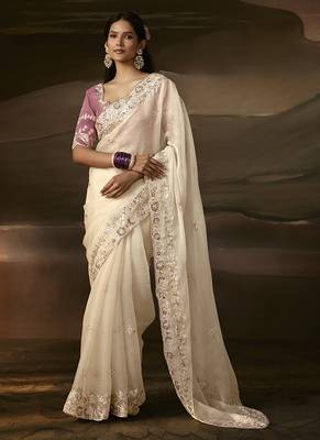 Off white zari organza with gotta patti  aari work designer saree 1