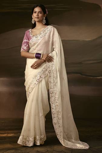 Off white zari organza with gotta patti  aari work designer saree