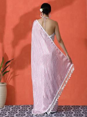 White embellished striped printed digital printed satin saree with blouse piece 4